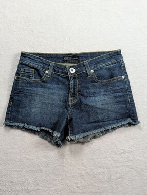 GUESS Dark Blue Denim Frayed Hem Jean Shorts, Size 28